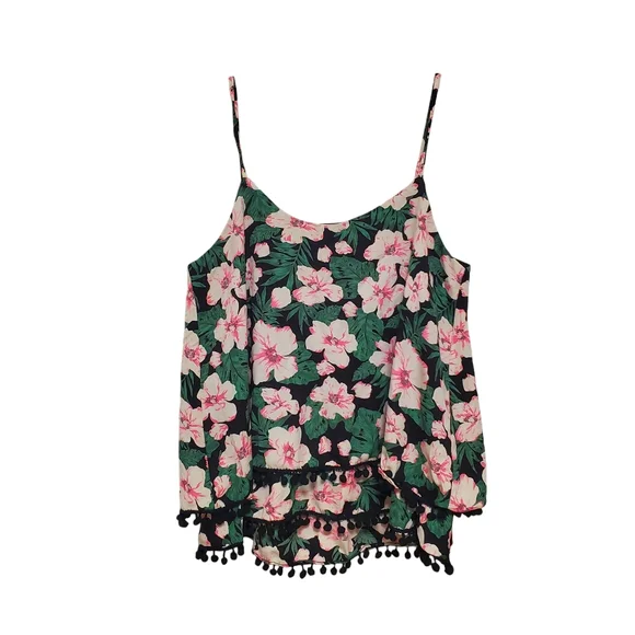 Tropical Boho Tank With Pom Pom Fringe Layered Ruffles - Picture 2 of 9